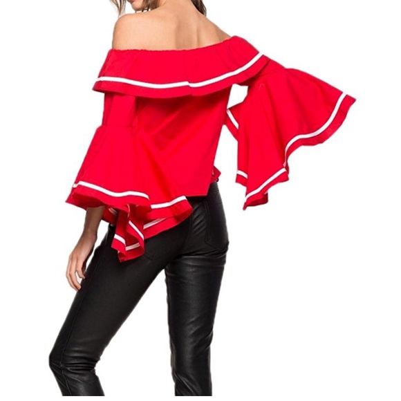 women off shoulder ruffled sleeve blouse - Picture 2 of 7